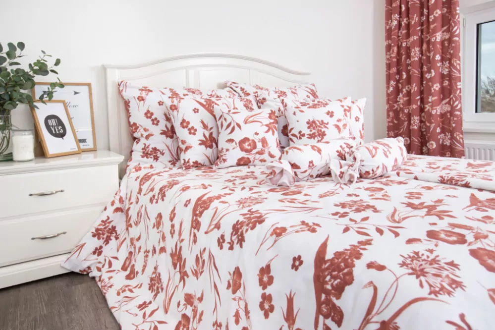 Flanelové povlečení FLORA terakota NEGATIV - 220/200 + 2ks 70/90