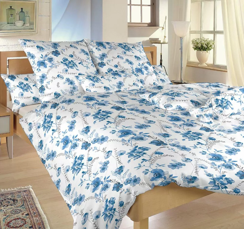 Povlečení flanel Kvítí modré na bílém - 140x220, 70x90 cm