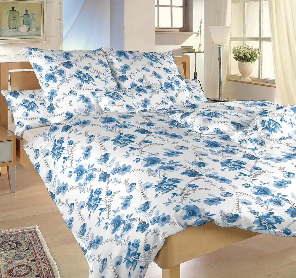 Povlečení flanel Kvítí modré na bílém - 140x240, 70x90 cm