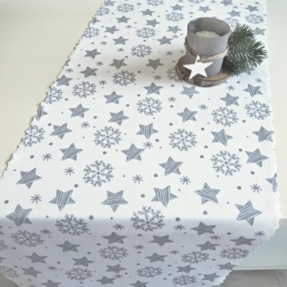 Vánoční běhoun v metráži Hvězdičky a vločky - bílo/šedý
