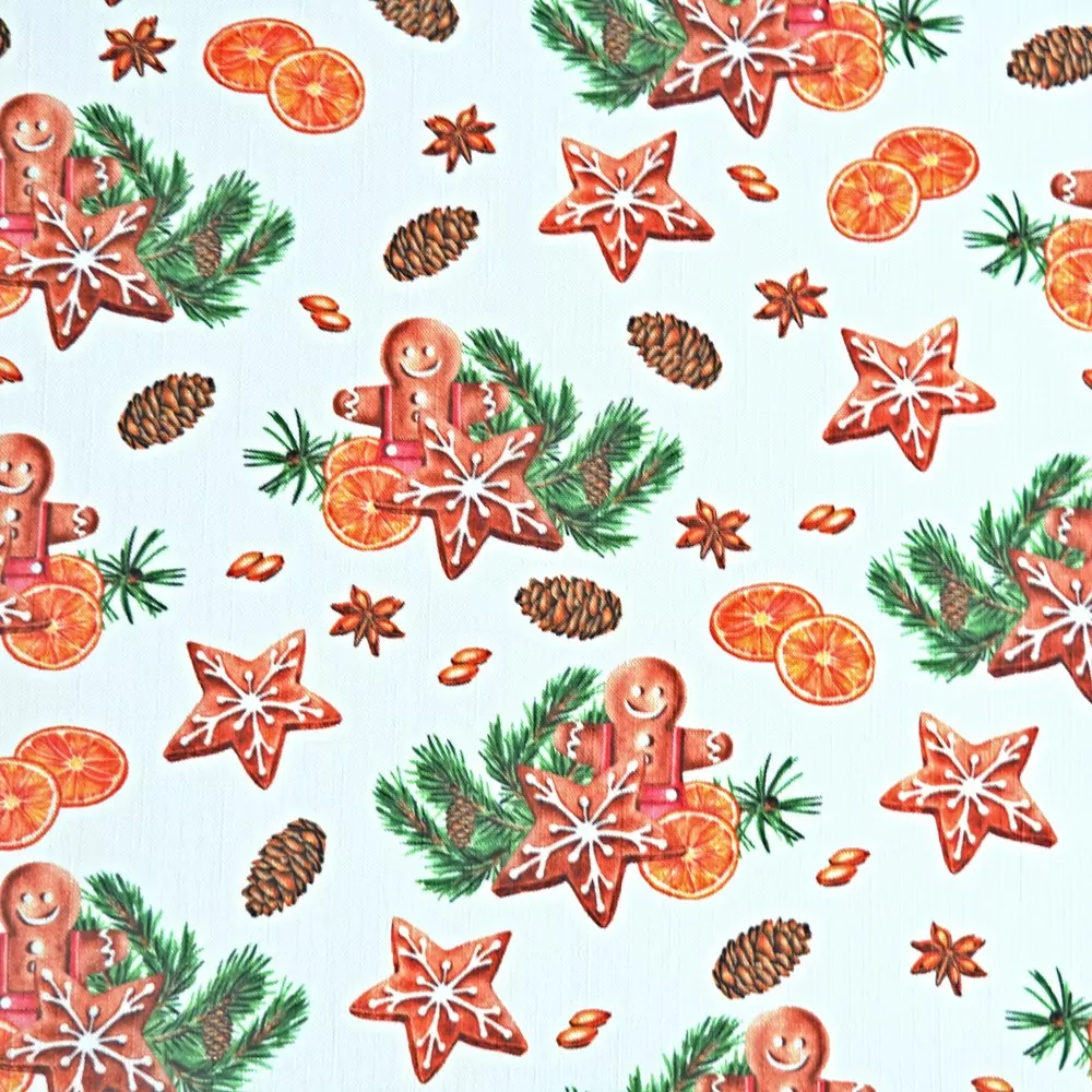 Vánoční látka na ubrusy Perníčky - bílá