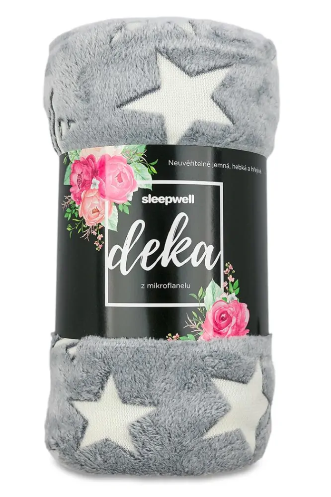 Deka mikroplyš svítící ve tmě 150 x 200 cm - HVĚZDIČKY šedé 