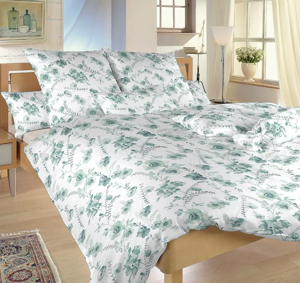 Povlečení krep Kvítí mentolové na bílém - 140/200 + 70/90