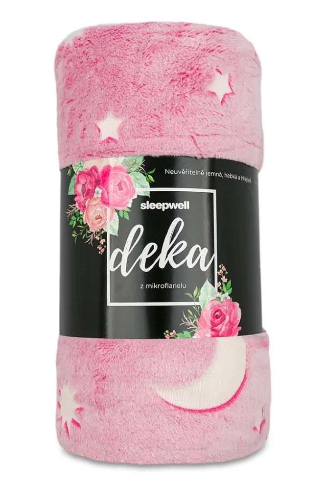 Deka mikroplyš svítící ve tmě 150 x 200 cm - HVĚZDIČKY růžové 