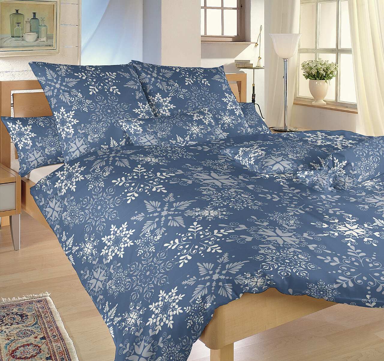 Povlečení krep Snowflakes šedomodré - 240/200 + 2ks 70/90