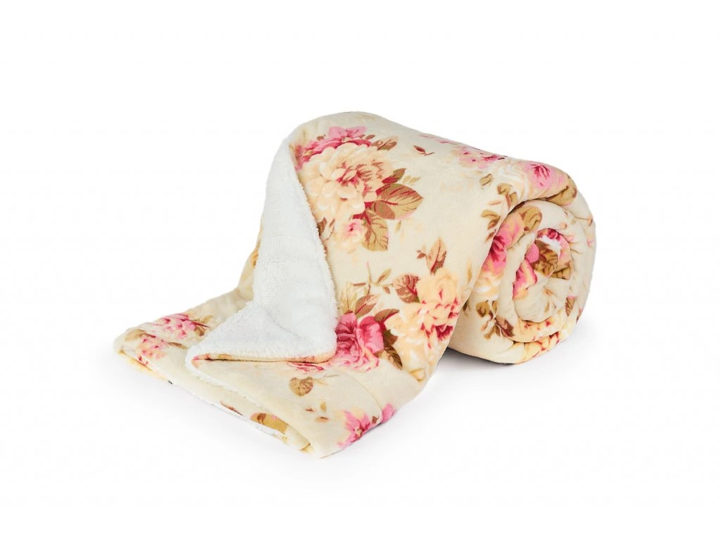 Deka mikroflanel s beránkem KVĚTY RŮŽOVÉ 150x200 cm + povlak 40x40 cm ZDARMA