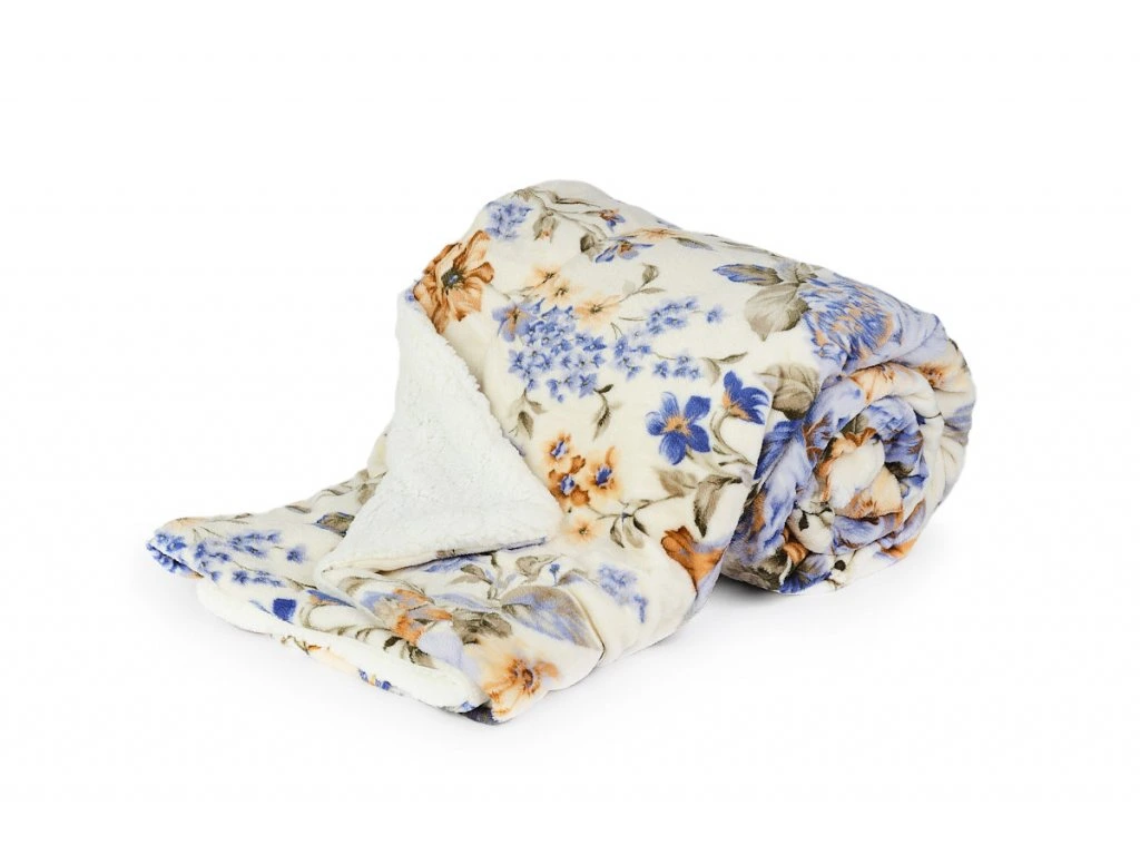 Deka mikroflanel s beránkem KVĚTY MODRÉ 150x200 cm + povlak 40x40 cm ZDARMA