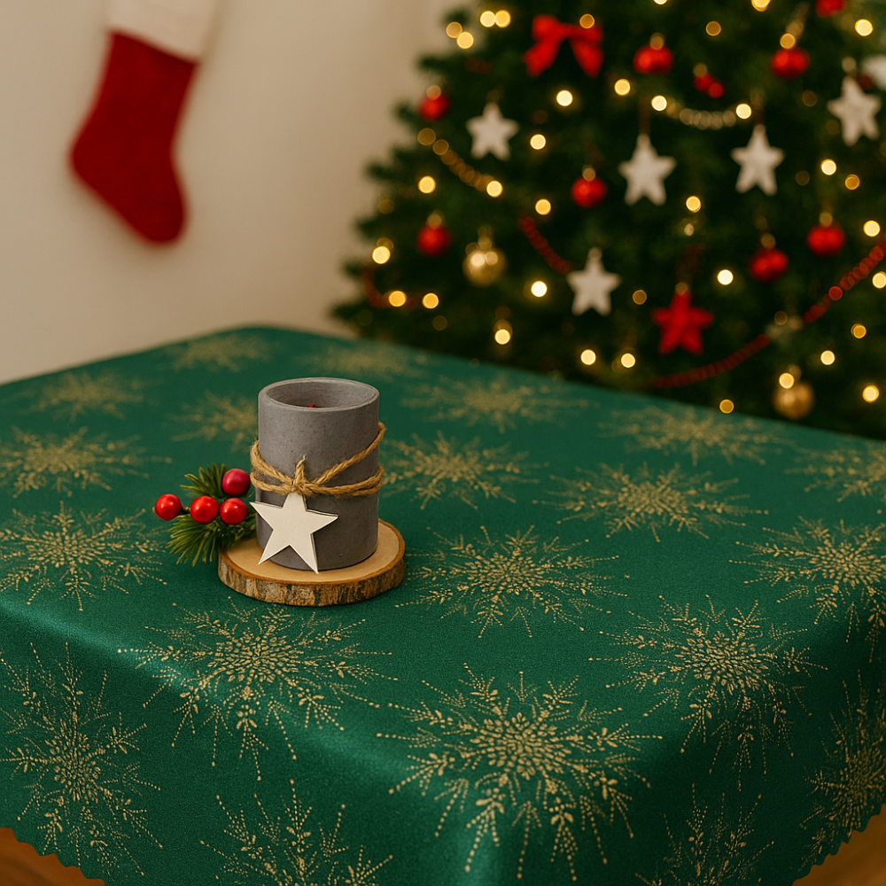 Vánoční teflonový ubrus VLOČKY zlaté na zelené