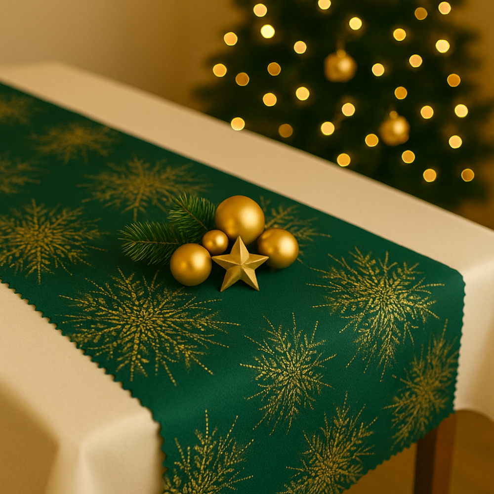 Vánoční běhoun v metráži VLOČKY zlaté na zelené