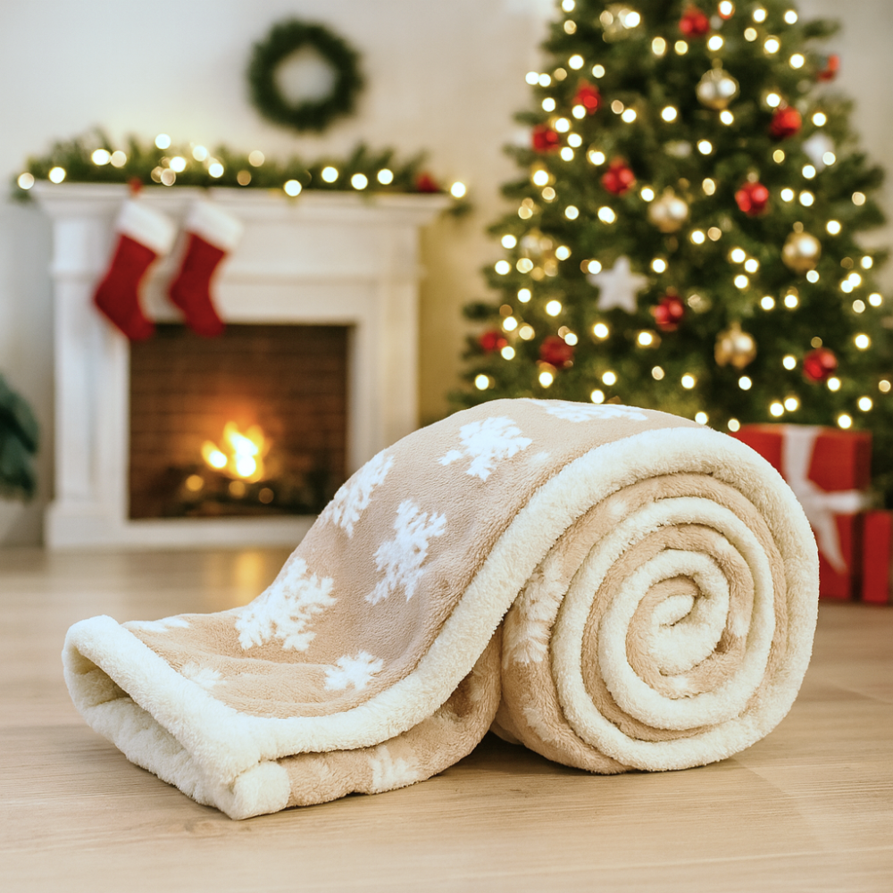 Vánoční mikroflanelová deka LUX VLOČKY béžová 150x200 cm