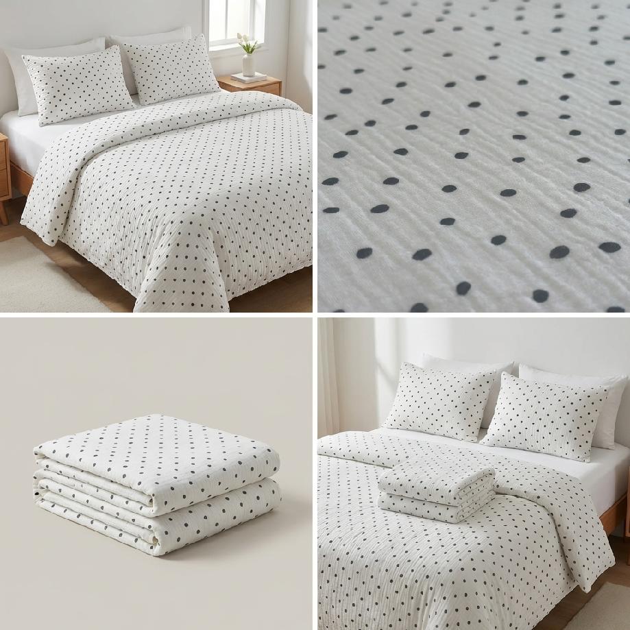 Mušelínové povlečení PUNTÍK šedý 140x200 + 70x90