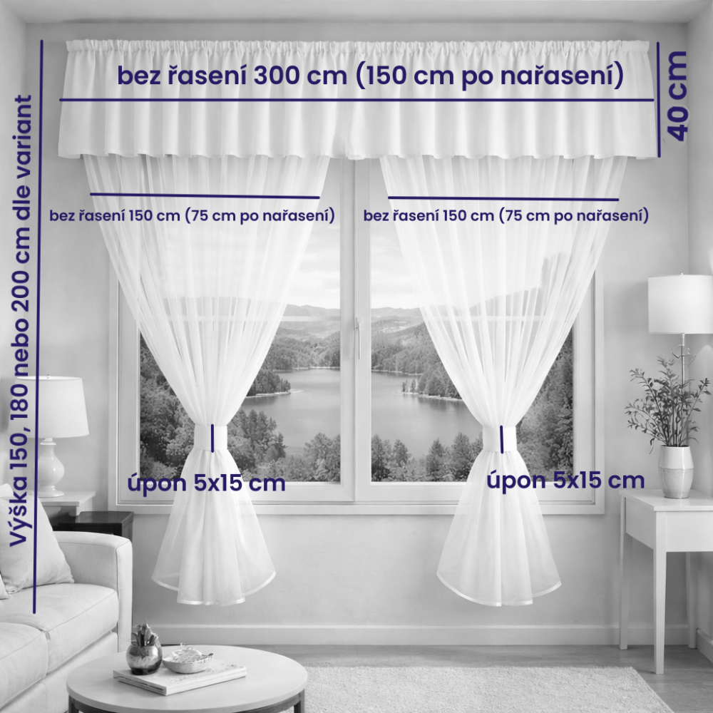 Záclonový voálový set s kanýrem Rongo smetanový - 2x 150x150 + 40x300 cm