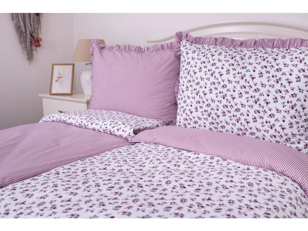 Bavlněné povlečení BORDÓ KYTIČKA / RŮŽOVÝ PROUŽEK S KANÝREM 140×200 + 70×90 cm