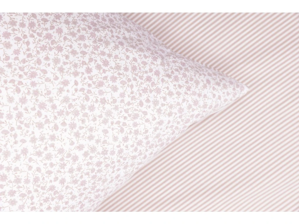 Bavlněné povlečení KYTIČKA pudrová 220x200, 2ks 70x90 cm/ béžový proužek