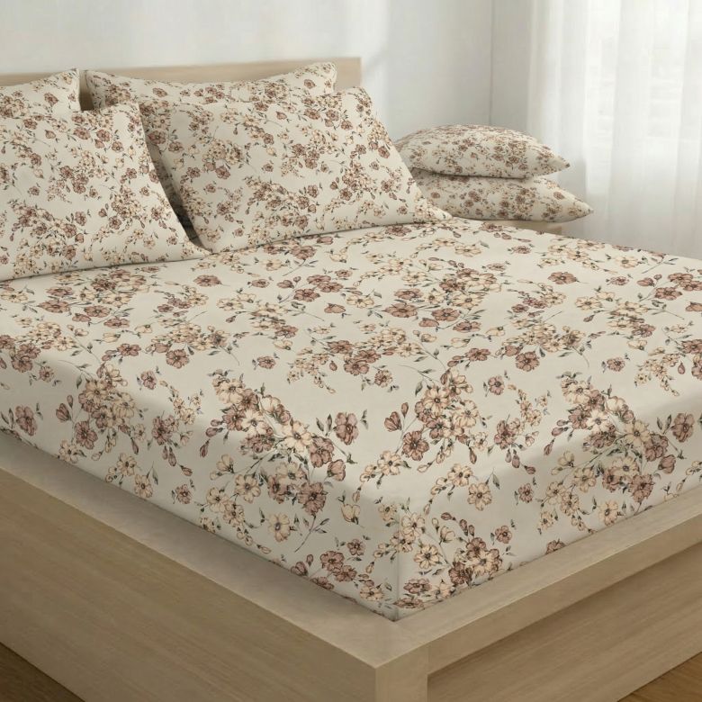 Bavlněné napínací prostěradlo KVÍTÍ BÉŽOVÉ 160x200 cm