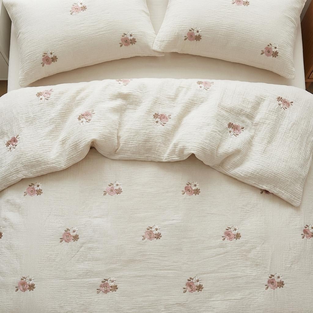 Mušelínové povlečení LATTÉ s drobnou výšivkou kytiček 140x200 + 70x90 cm