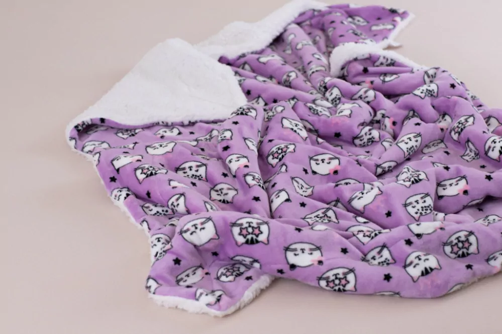 Deka mikroflanel s BERÁNKEM FIALOVÉ KOČIČKY - 150 x 200 cm