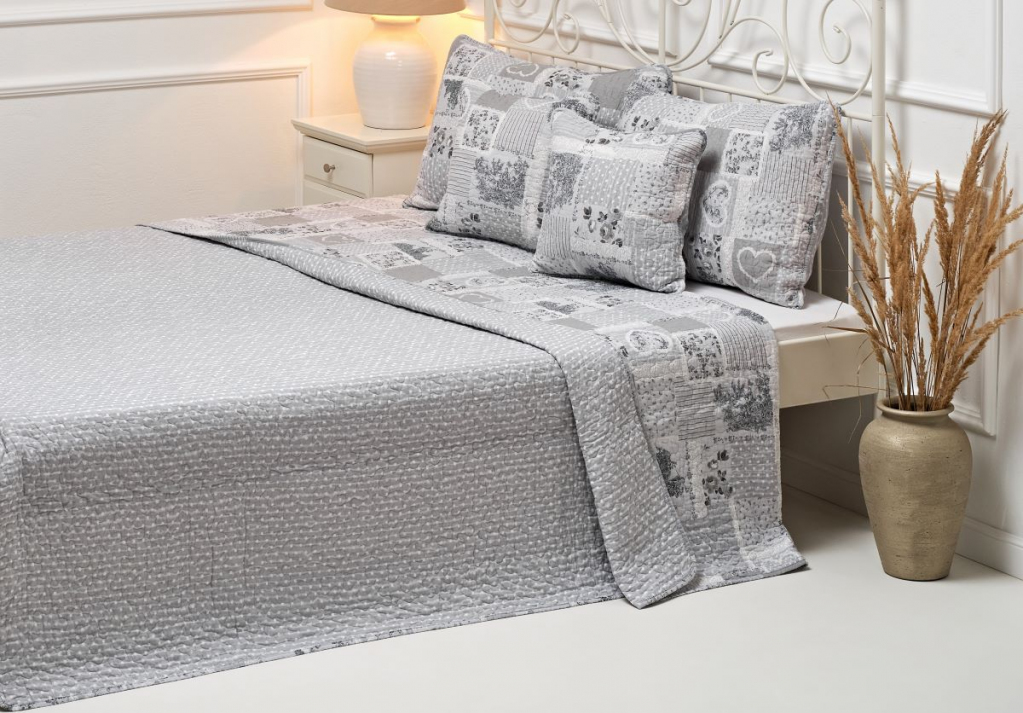 Oboustranný prošívaný přehoz DELUXE šedý ROMANTIC - 140/200 cm