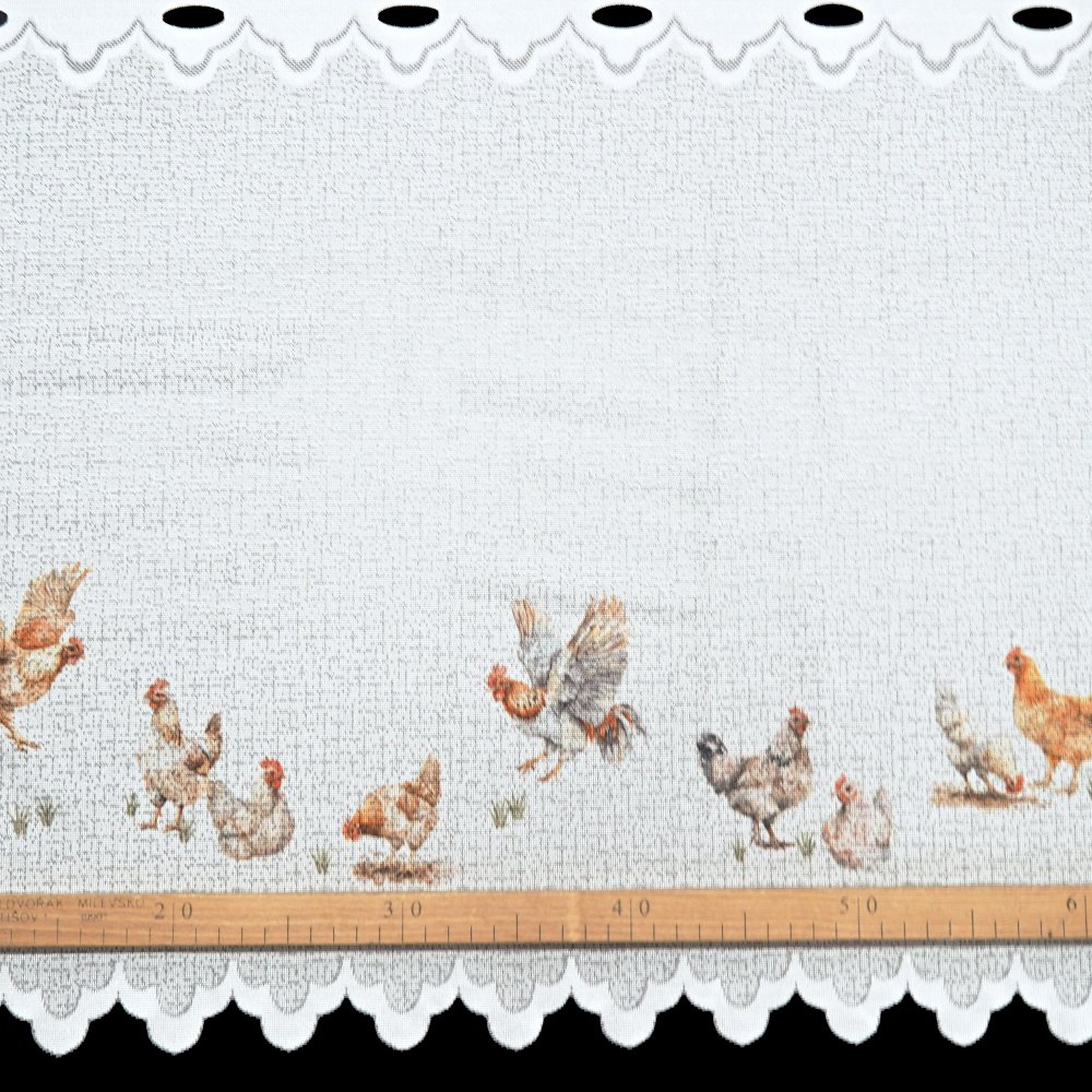 Vitrážová záclona SLEPIČKY - výška 50cm