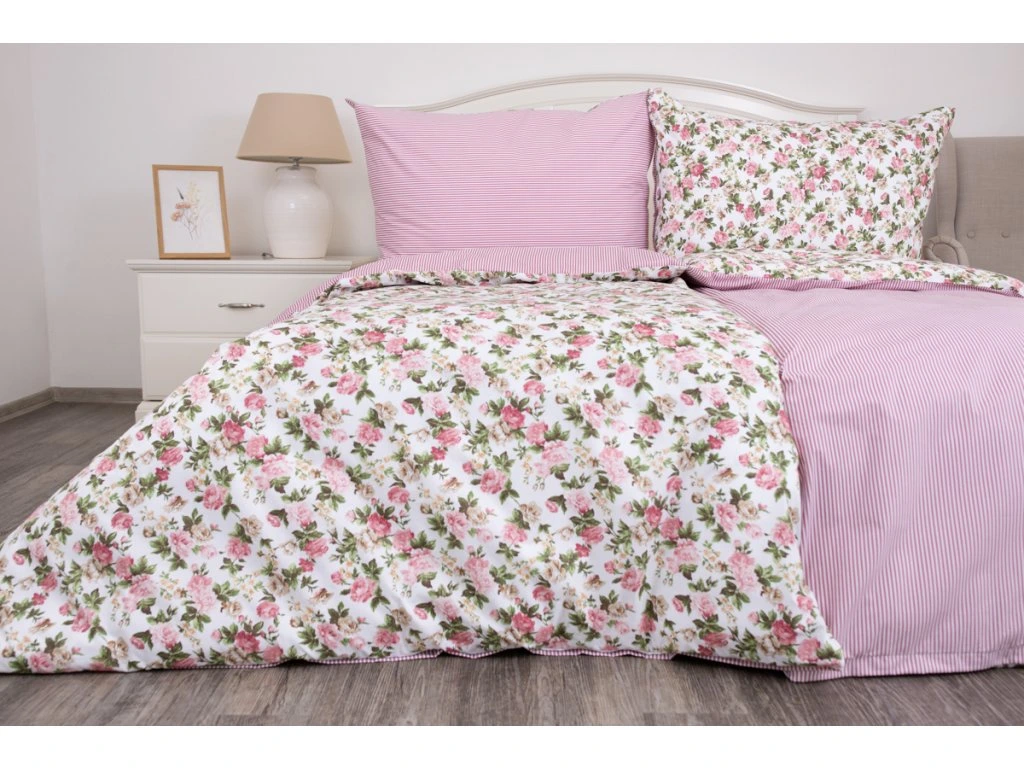 Bavlněné povlečení RŮŽE RUSTIKÁL/PRUH RŮŽOVÝ - 200/200 + 2ks 70/90