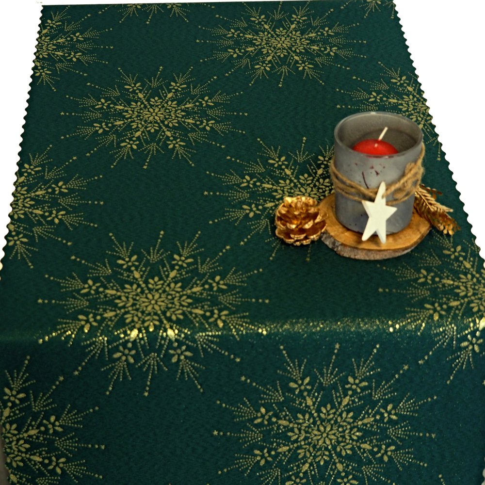 Vánoční běhoun v metráži VLOČKY zlaté na zelené