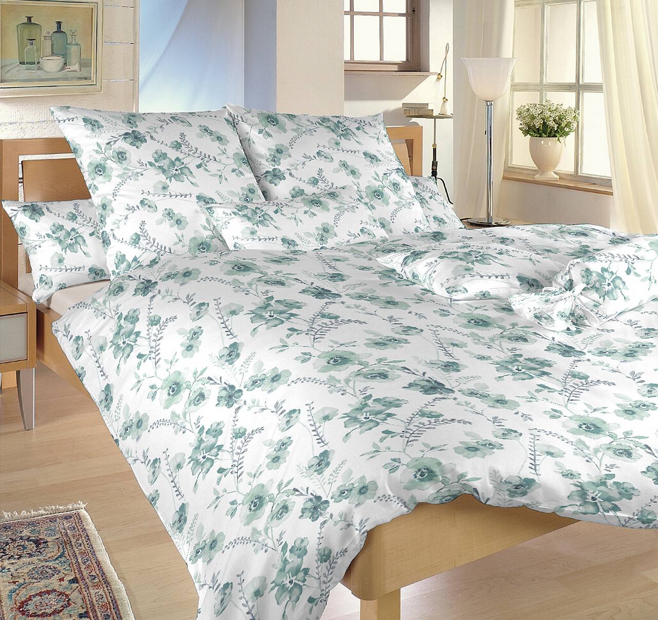 Saténové povlečení Kvítí mentolové na bílém - 140/220 + 70/90