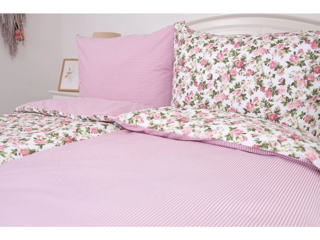 Krepové povlečení Rustikální růže s růžovým proužkem – 240x200 + 2ks 70x90