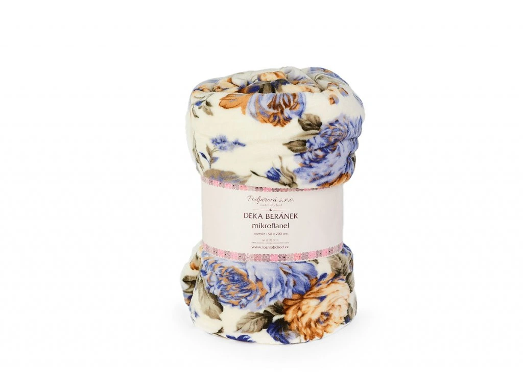 Deka mikroflanel s beránkem KVĚTY MODRÉ 150x200 cm + povlak 40x40 cm ZDARMA