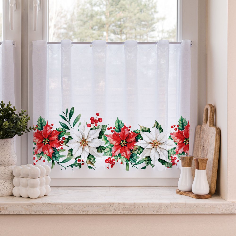 Vitrážová záclona Vánoční růže - výška 70 cm
