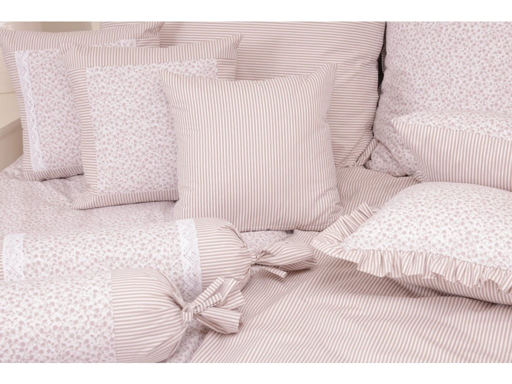 Bavlněné povlečení KYTIČKA pudrová 220x200, 2ks 70x90 cm/ béžový proužek
