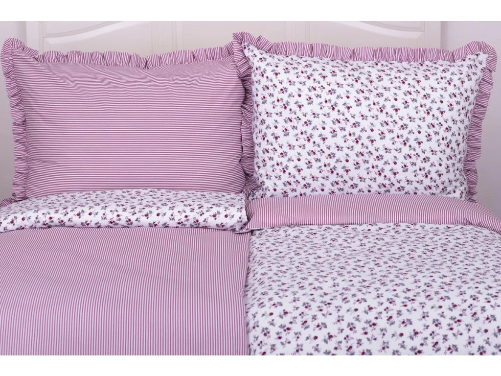 Bavlněné povlečení BORDÓ KYTIČKA / RŮŽOVÝ PROUŽEK S KANÝREM 140×200 + 70×90 cm