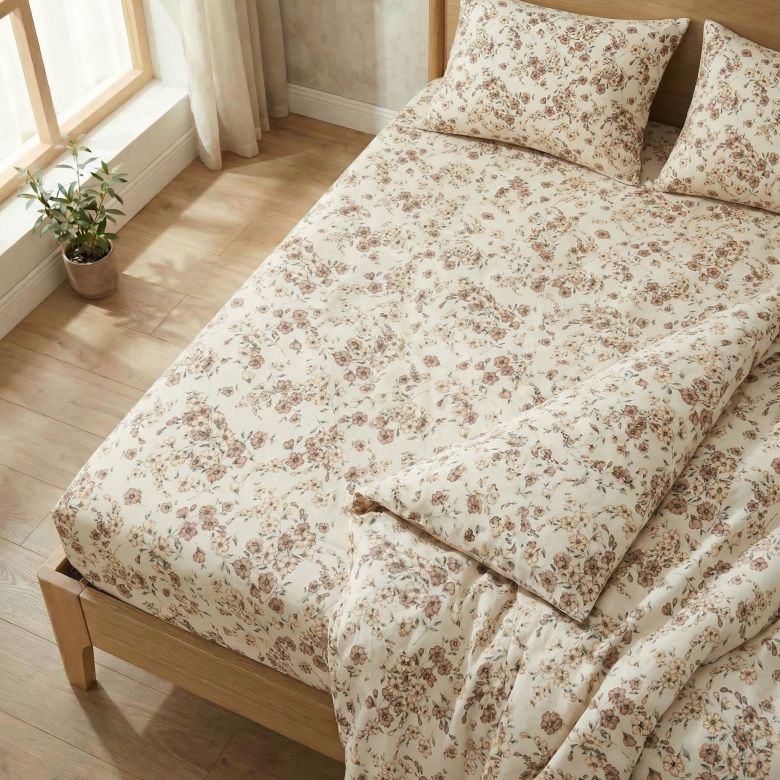 Bavlněné napínací prostěradlo KVÍTÍ BÉŽOVÉ 160x200 cm