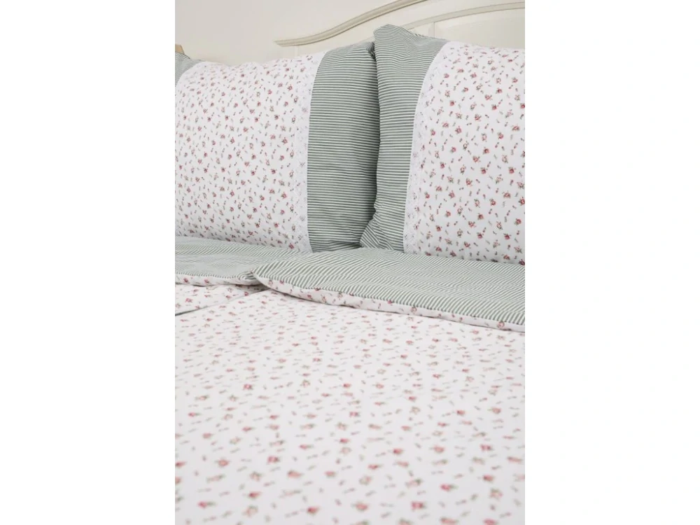 Krepové povlečení s krajkou Růžičky / olivový pruh