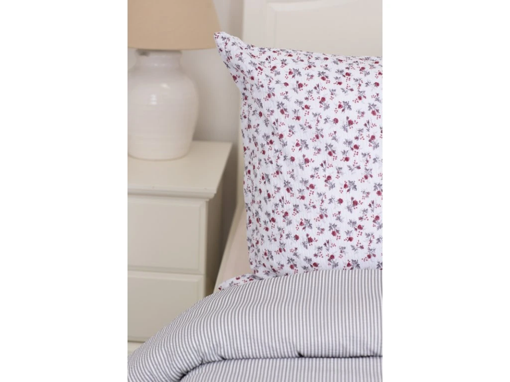 Bavlněné povlečení KYTIČKA BORDÓ / šedý proužek - 200x200, 2ks 70x90 cm