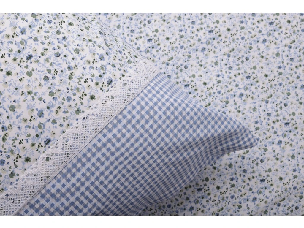 Bavlněné povlečení s krajkou INÉS s modrou pepito kostičkou