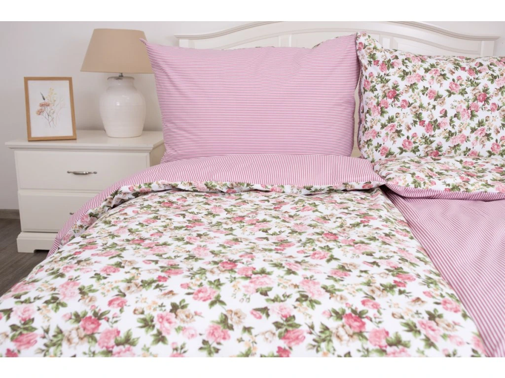 Bavlněné povlečení RŮŽE RUSTIKÁL/PRUH RŮŽOVÝ - 200/200 + 2ks 70/90
