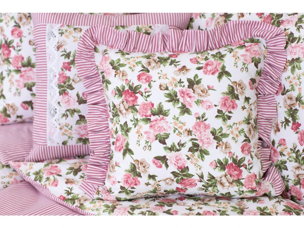 Povlak bavlna váleček RŮŽE RUSTIKÁL/PRUH RŮŽOVÝ - 50x15 cm