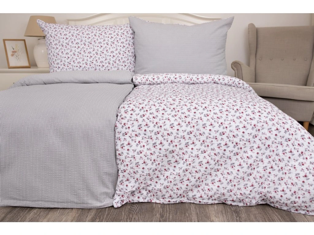 Bavlněné povlečení KYTIČKA BORDÓ / šedý proužek - 200x200, 2ks 70x90 cm