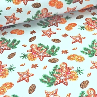 Vánoční látka na ubrusy Perníčky - bílá