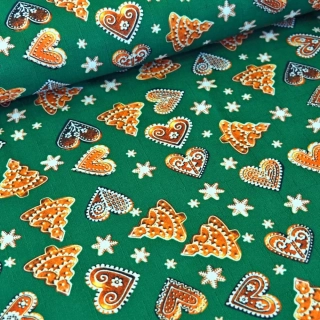 Vánoční látka na ubrusy Perníky - zelené