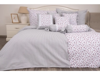 Krepové povlečení KYTIČKA BORDÓ / šedý proužek – 140x200 + 70x90