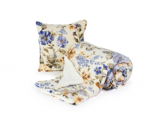 Deka mikroflanel s beránkem KVĚTY MODRÉ 150x200 cm + povlak 40x40 cm ZDARMA