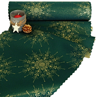 Vánoční běhoun v metráži VLOČKY zlaté na zelené